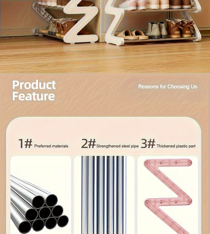 Four-Tier Z-Frame Shoe Rack with Metal Tubes in Graphite Black, Dawn Pink, Gray or Breeze Blue