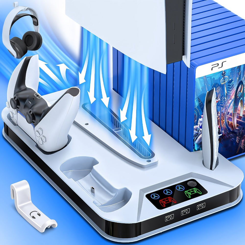 Black Console Cooling Stand Compatible with PS5, Slim and Pro Models, Three Fan Speeds and Dual Controller Dock