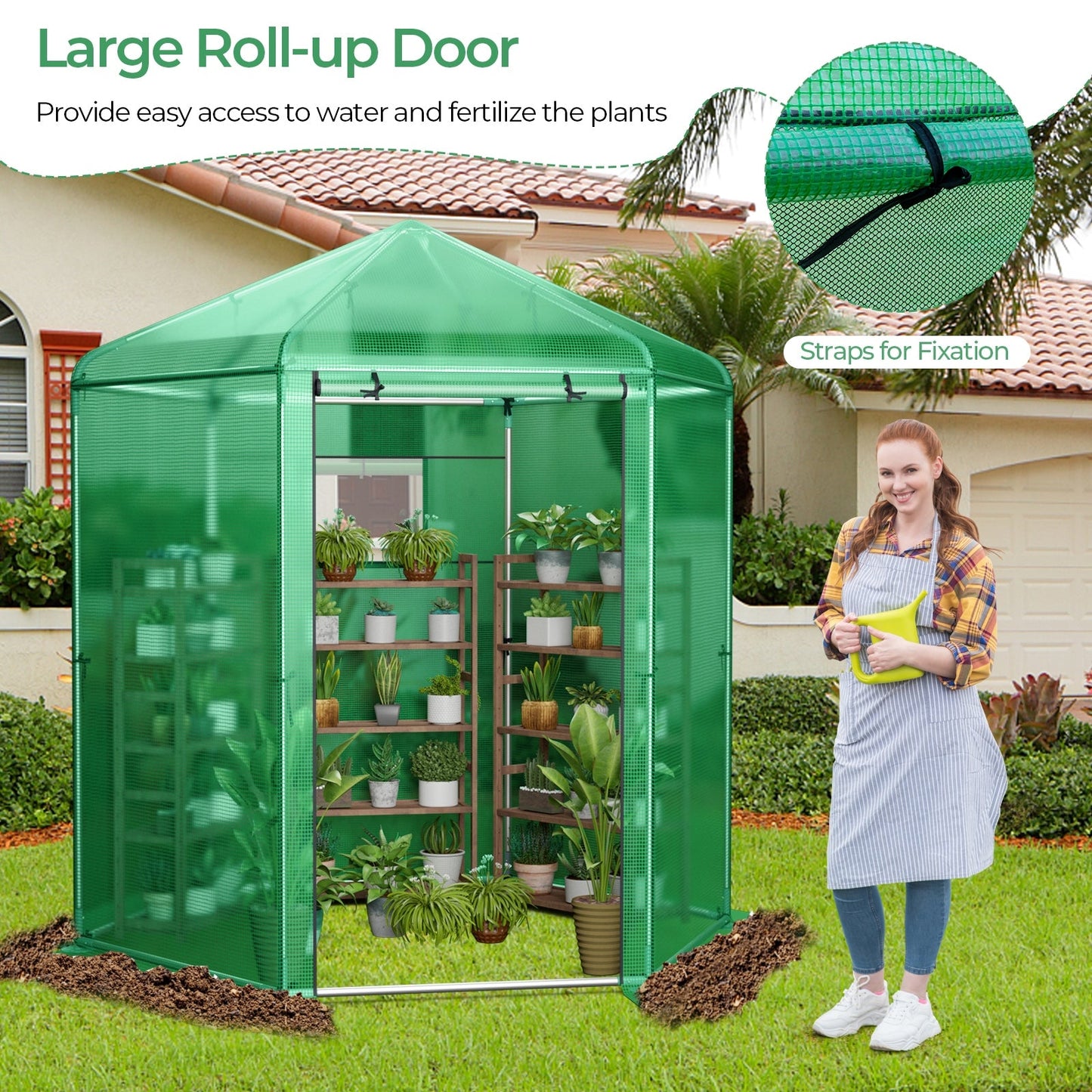 85 x 72 x 90-Inch Walk-In Greenhouse with Green Grid Cover, Roll-Up Door, Mesh Window and Six Ground Stakes