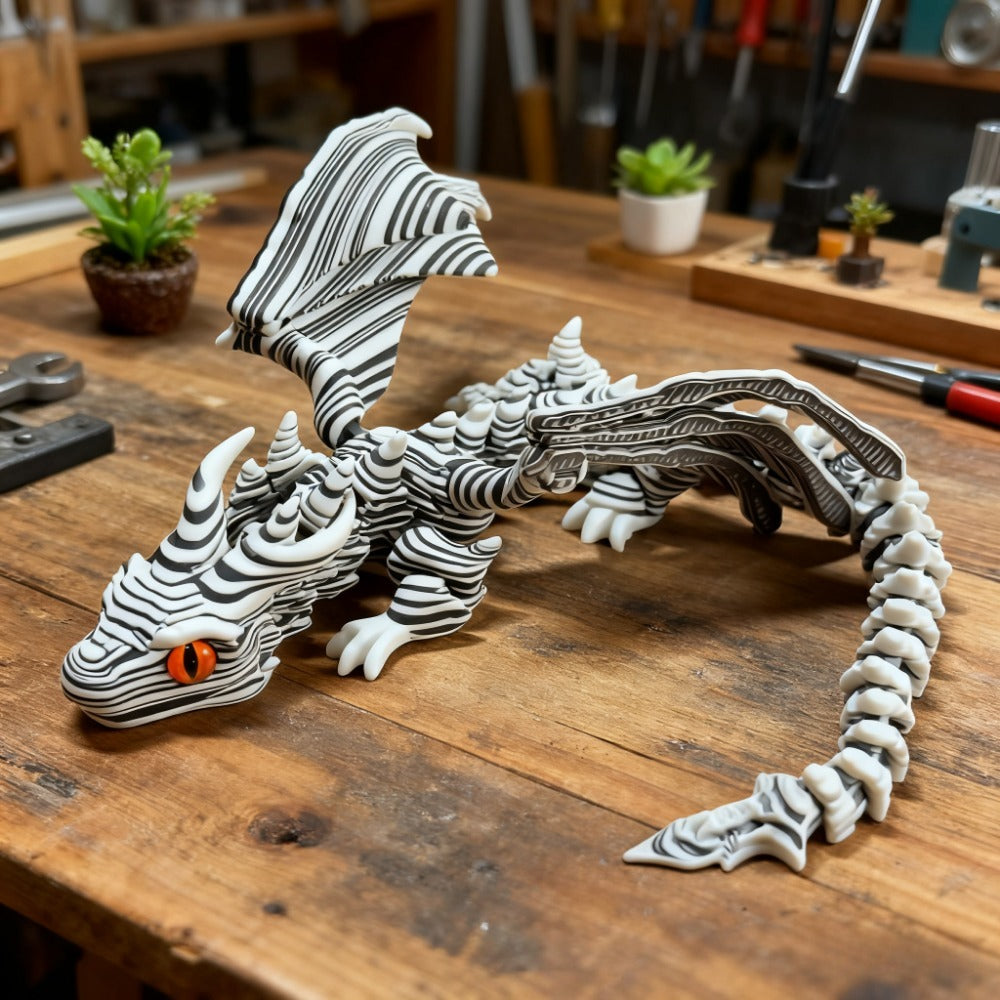 Articulated Black-and-White Swirl Dragon Figurine with Poseable Segments and Random Eye Color for Desktop Display