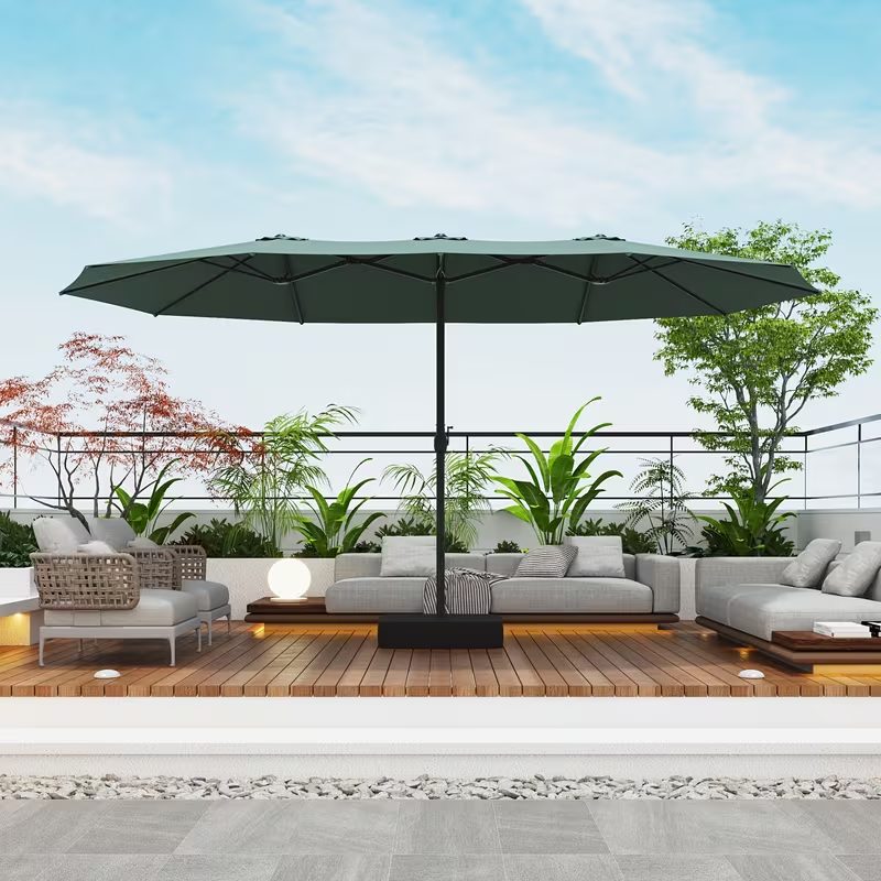 Large Patio Umbrella 15FT Double-Sided Rectangular with LED & Base