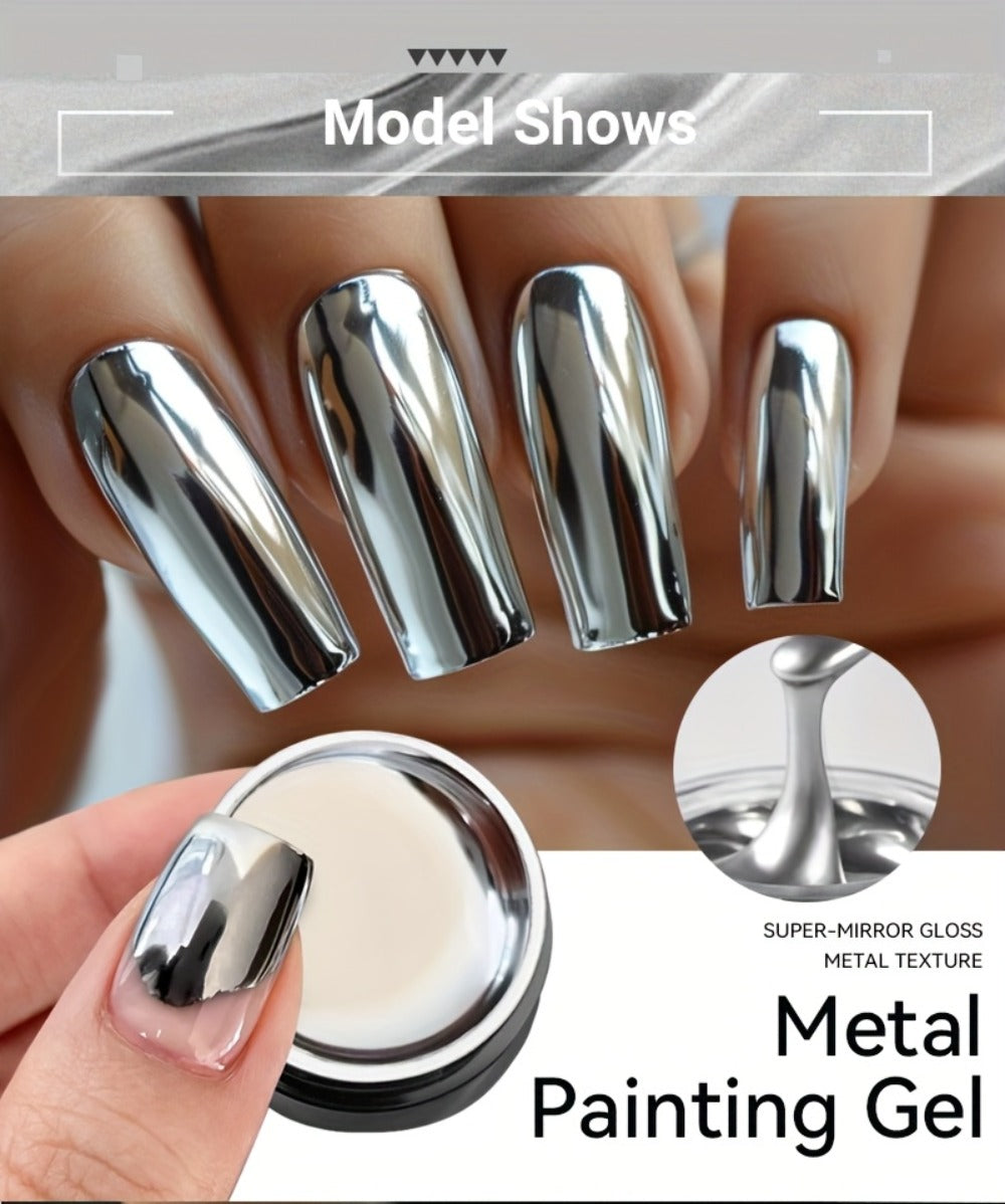 Metallic Silver Nail Art Painting Gel in 7ml LILYCUTE Jar with Fine Detail Brush for Lines and Floral Patterns