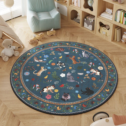Area Rug, Vintage Blue Cat and Floral Low-Pile Carpet in Rectangle, Runner and Round Size Options