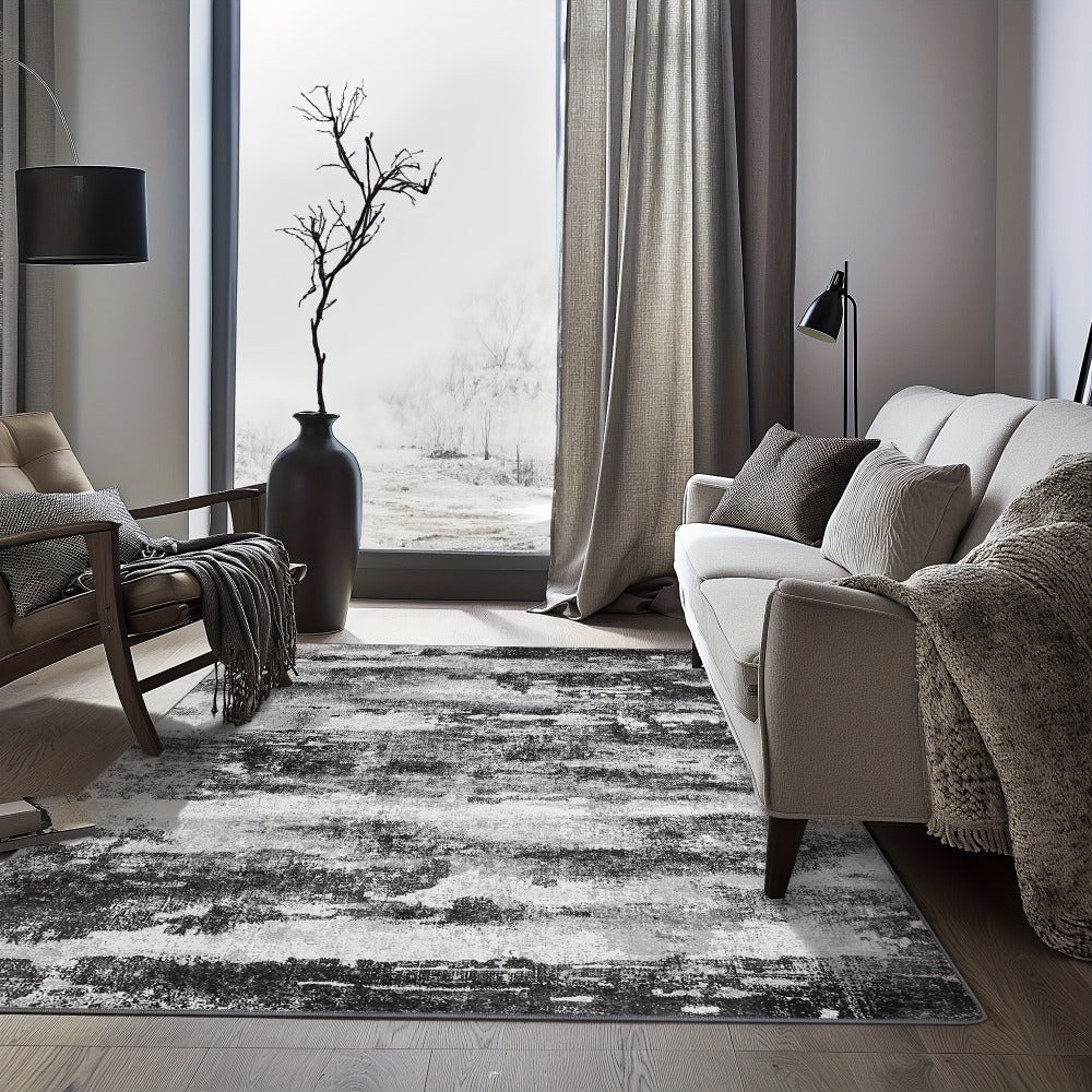 Area Rug, Dark Abstract Polyester Floor Carpet in Runner and Room Sizes with Rubber-Latex Backing and Machine-Wash Care