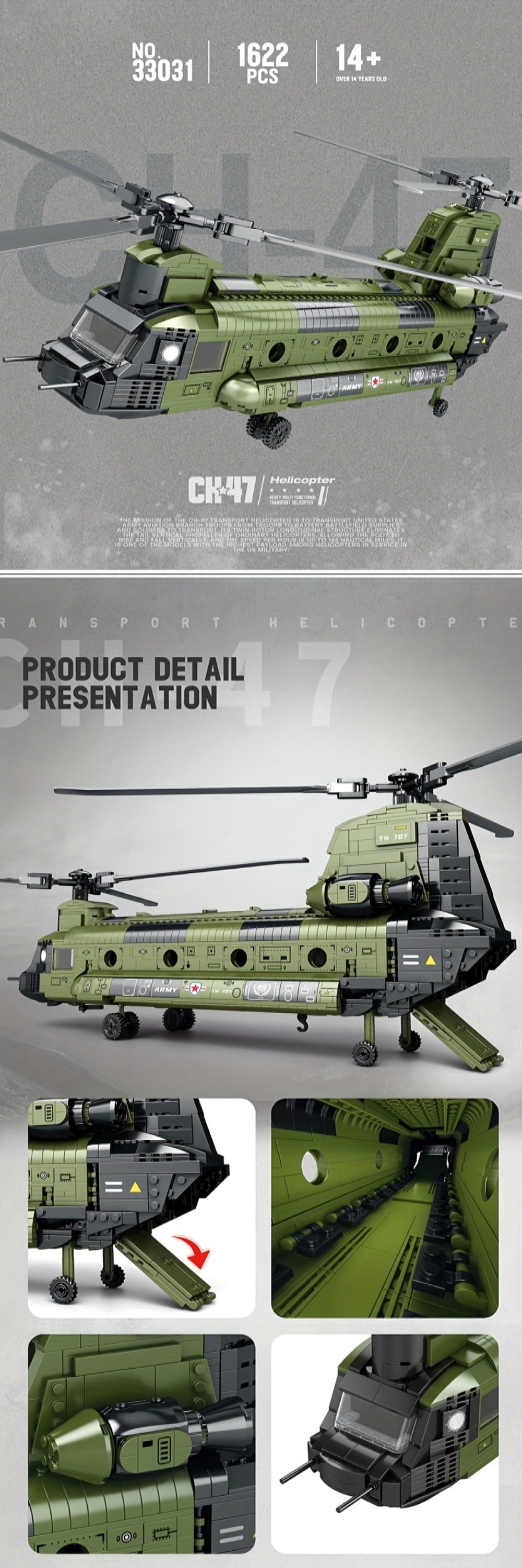 CH-47 Chinook Transport Helicopter Building Block Model with 1,622 Pieces for Adult Aviation Display