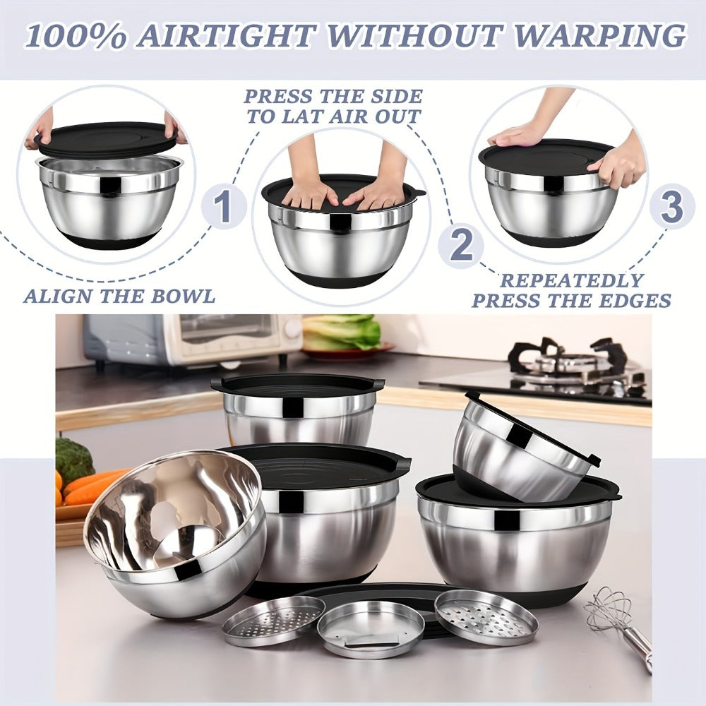 8PCS/Set-Labeled Mixing Bowl Set with Black Lids, Nested Bowls and Three Removable Grater Inserts
