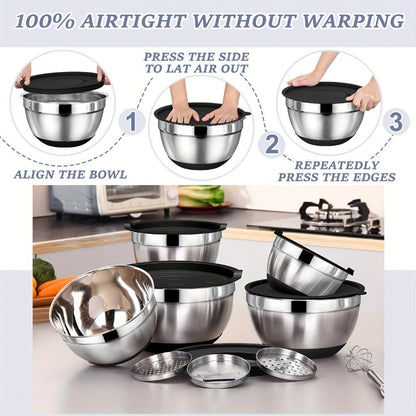 8PCS/Set-Labeled Mixing Bowl Set with Black Lids, Nested Bowls and Three Removable Grater Inserts