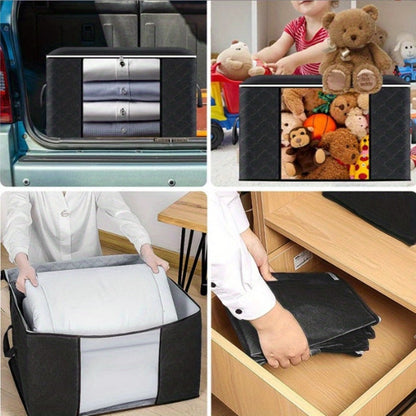 Four-Piece Foldable Storage Bag Set in Black or Gray with Clear Front Panels and Reinforced Side Handles