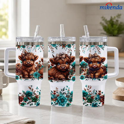 Insulated Tumbler 16oz or 40oz-2 Highland Cow Floral Graphic in 304 Stainless Steel Vacuum Design