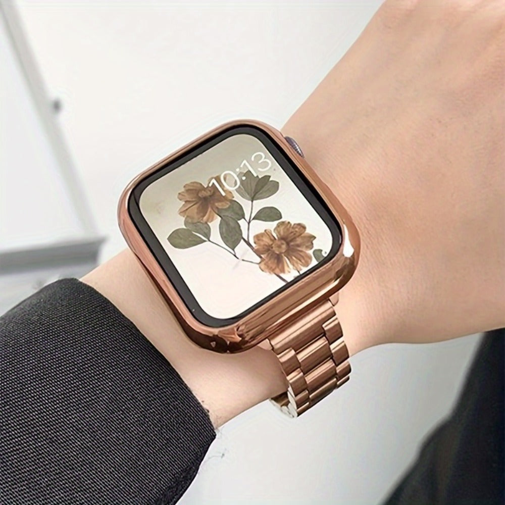 Slim Waist Apple Watch Steel Band & Half Shell Case 3-Piece Set – 2 Stainless Steel Bands + Protective Case Compatible with Apple Watch Series 1–9 SE Ultra 38 40 41 42 44 45 49mm – Gold Silver Rose Black