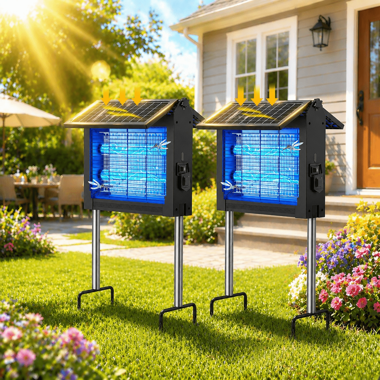 Dual-Panel Solar Bug Zapper with Rectangular Blue Grid Light in One or Two-Piece Black Options
