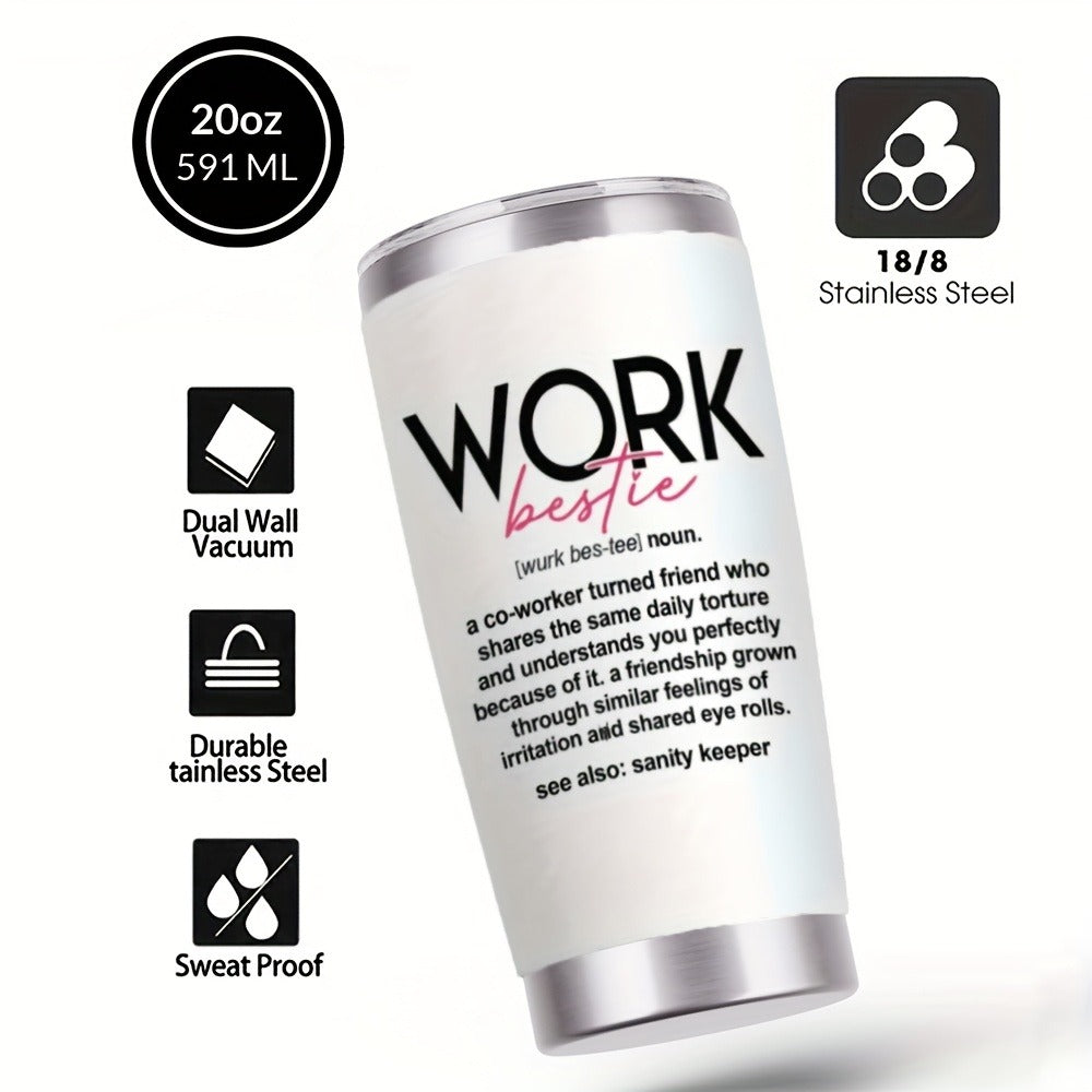 Insulated Tumbler 20oz Work Bestie Graphic in White 304 Stainless Steel with Lid and Straw