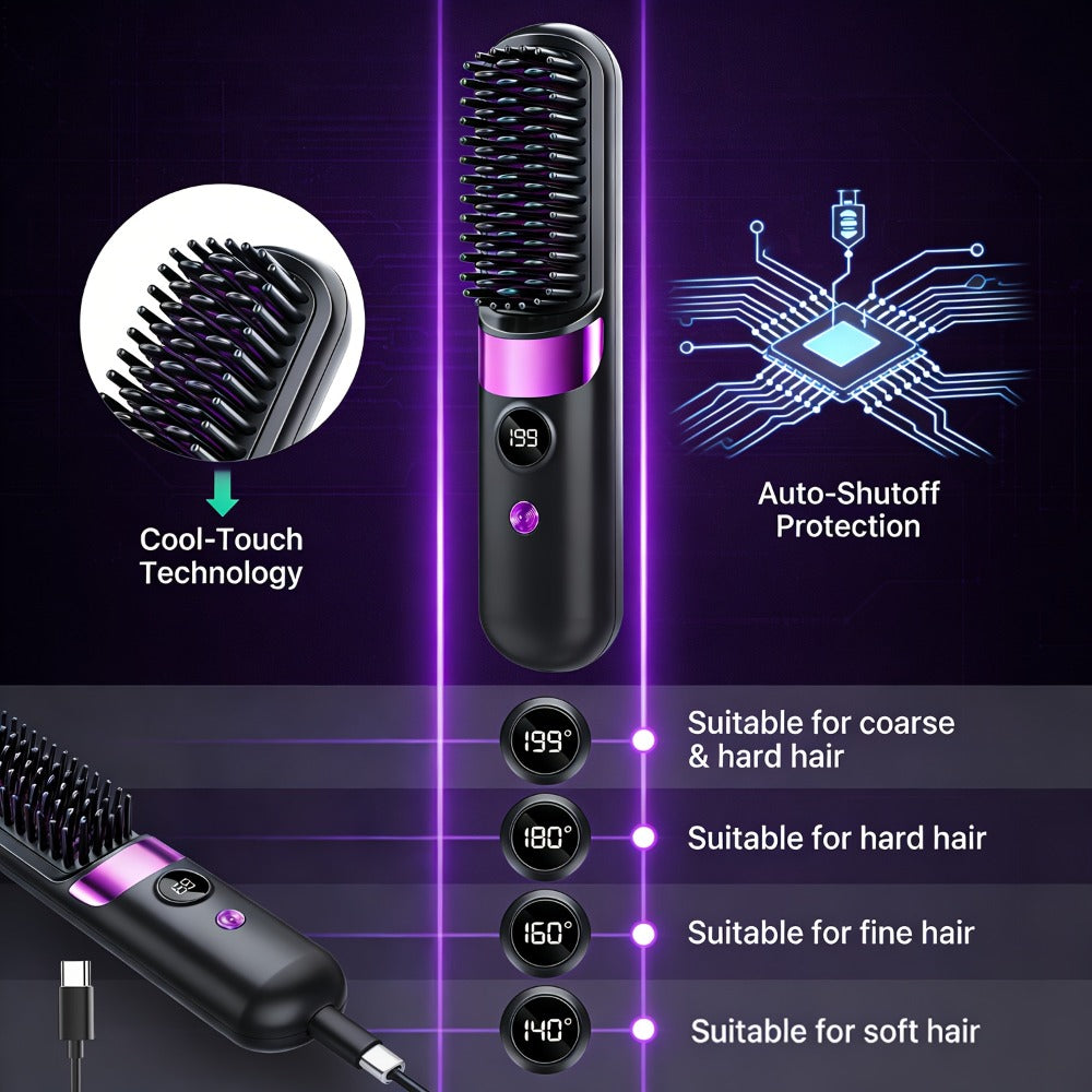 Ionic Hair Straightener Brush USB-C Rechargeable 3-in-1 Straightener Curler Styler — Adjustable Temperature, Anti-Scald Bristles, Frizz Control & Shine Boost, Salon Results at Home for All Hair Types