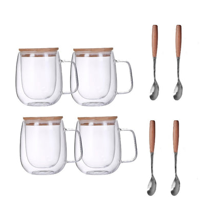 Four-Piece Double-Wall Glass Coffee Cup Set with 350 ml Capacity, Wooden-Style Lids and Spoons