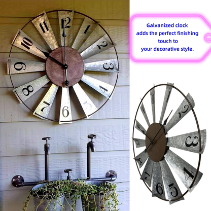 24 Inch Farmhouse Wall Clock Large Vintage Metal Windmill Blade Galvanized Analog Clock Battery Operated Silent for Living Room Kitchen Bedroom Porch
