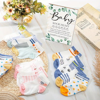 Baby Shower Sock Hunt Party Supplies Game with 20 Pairs of Socks, Wooden Sign and Five Themes