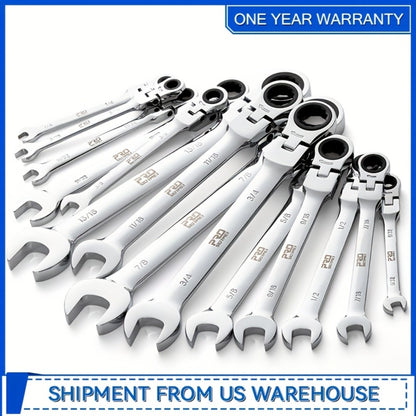 Flex Head Ratcheting Wrench Set SAE 14-Piece - 1/4" to 7/8" Chrome Vanadium Steel 72-Tooth 180° Flex Head with Organizer Rack for Auto Mechanical Repair