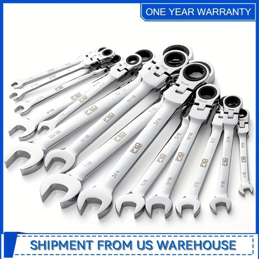 Flex Head Ratcheting Wrench Set SAE 14-Piece - 1/4" to 7/8" Chrome Vanadium Steel 72-Tooth 180° Flex Head with Organizer Rack for Auto Mechanical Repair
