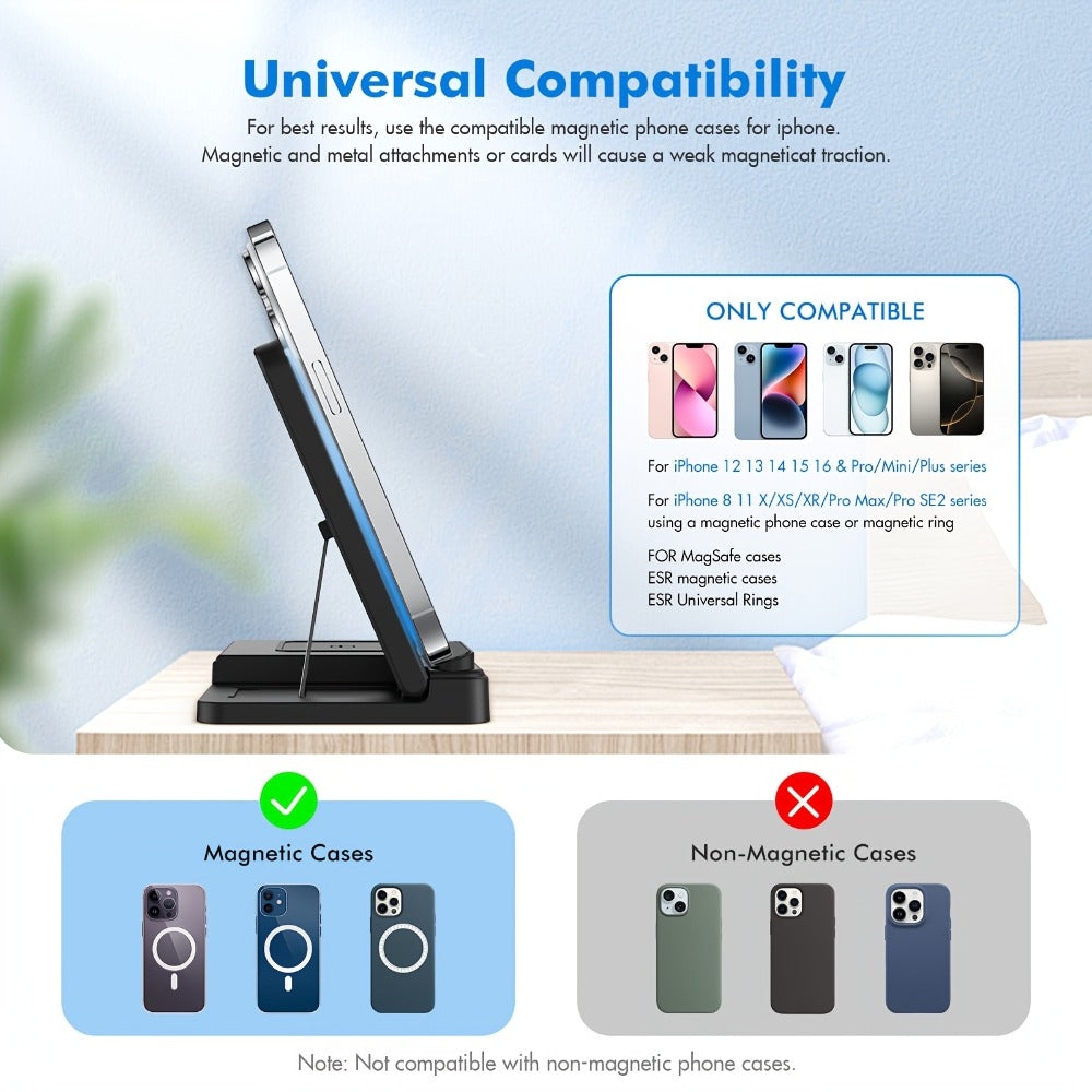 Wireless Charging Station, Foldable 3-in-1 15W Portrait-Landscape Stand with Four Black or White Adapter Options