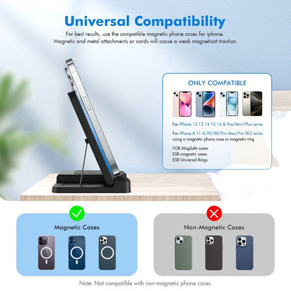 Wireless Charging Station, Foldable 3-in-1 15W Portrait-Landscape Stand with Four Black or White Adapter Options