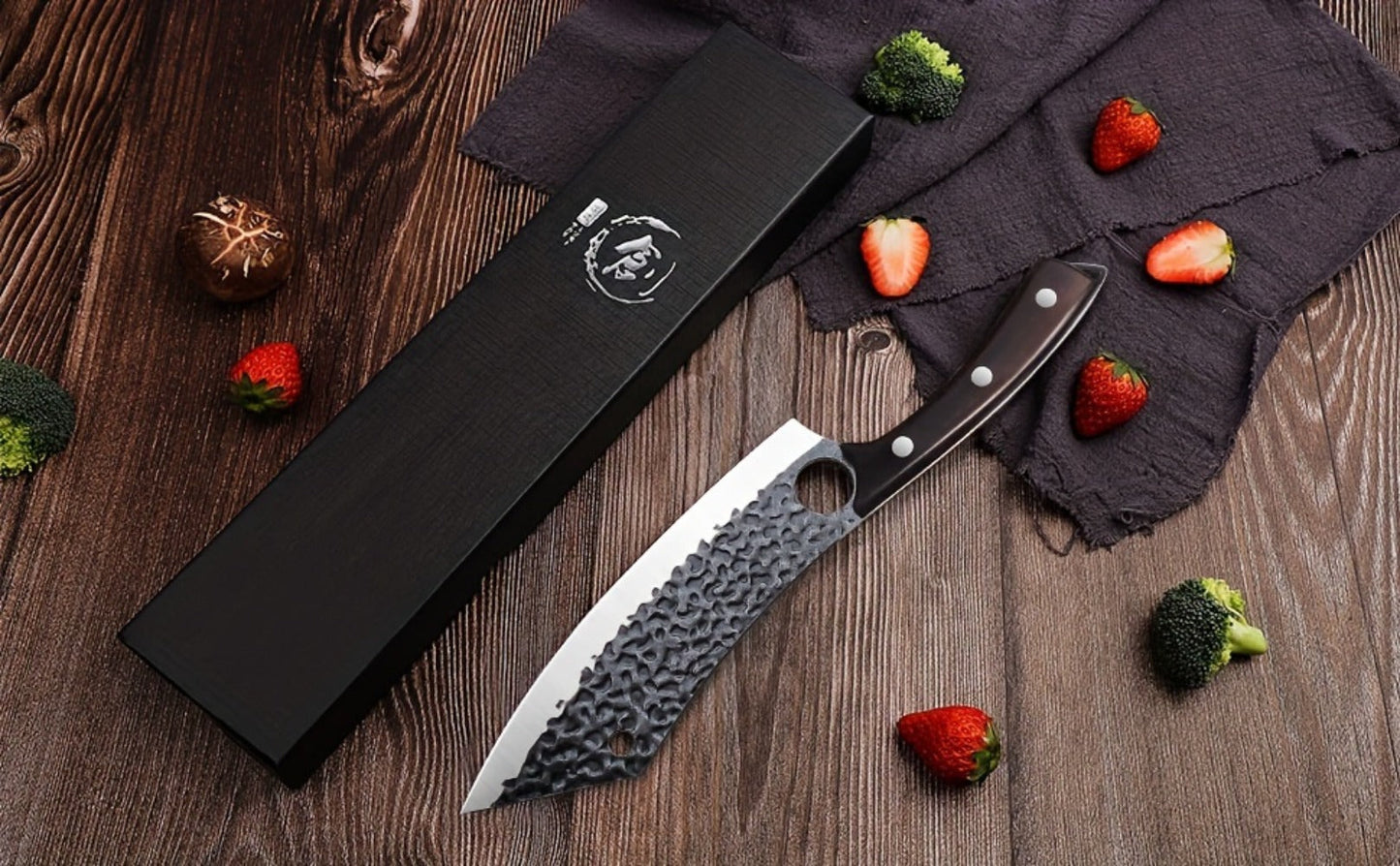 Wide 8-Inch Cleaver-Style Kitchen Knife with Finger Hole, Hammered-Look Blade and Wood-Tone Handle