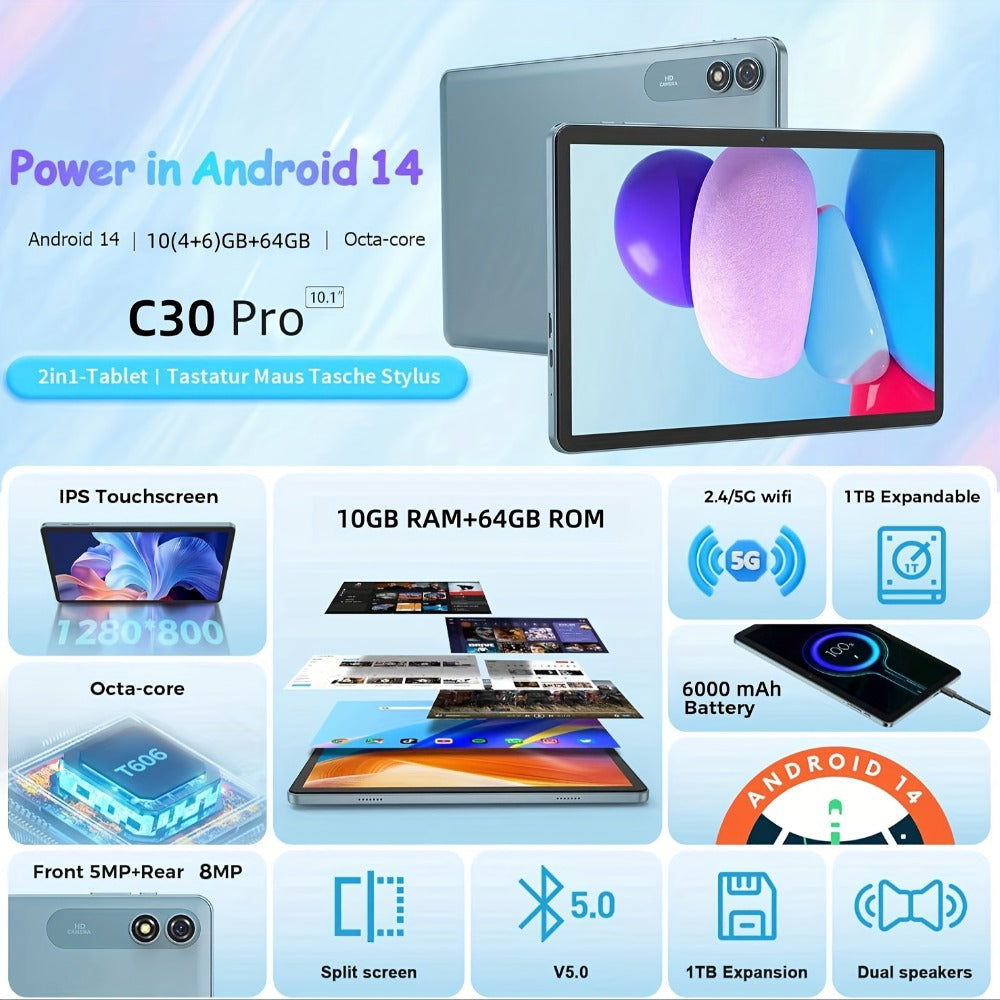 Android Tablet 10-Inch with Android 14, Octa-Core CPU, Dual-Band WiFi and Keyboard Mouse Bundle