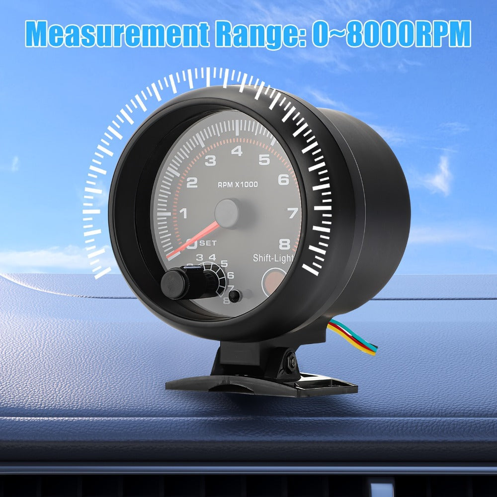 Car Tachometer Gauge 12V 0-8000 RPM 3.75 Inch - LED Shift Light, ABS Black Dial for 4 6 8 Cylinder Petrol Engines, Universal Fit with Accessories Kit