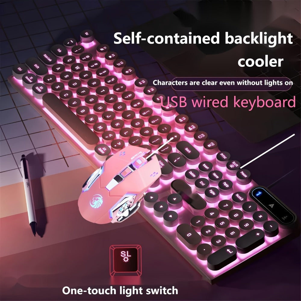 Retro Round-Key Wired Keyboard and 6D Mouse Set with Pink or Blue USB Color Options and One-Touch Lighting