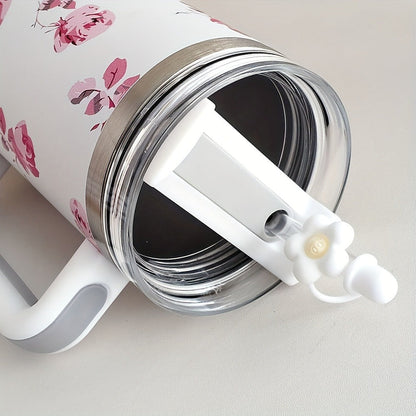 40oz Floral Handled Tumbler with Straw Lid in White, Pink, Blue or Pink Butterfly Checkout Designs