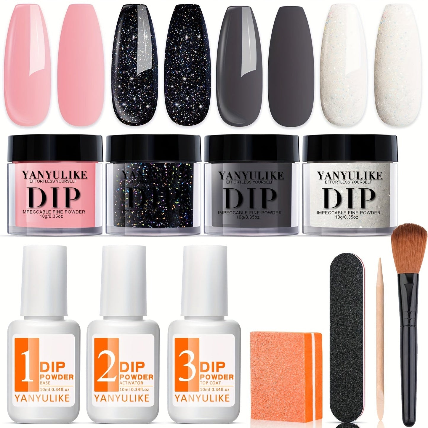 Dip Powder Nail Kit with YANYILIKE Label, Four Pink Black Glitter Gray Pearl Powders and Three 10ml Liquids