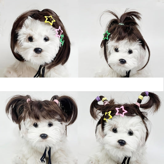 Dog Wig Costume for Small Medium Dogs, Funny Pet Hair Headpiece Adjustable Heat-Resistant Trimmable Black Brown Wig for Halloween Christmas Birthday Party Dress Up Photo Prop