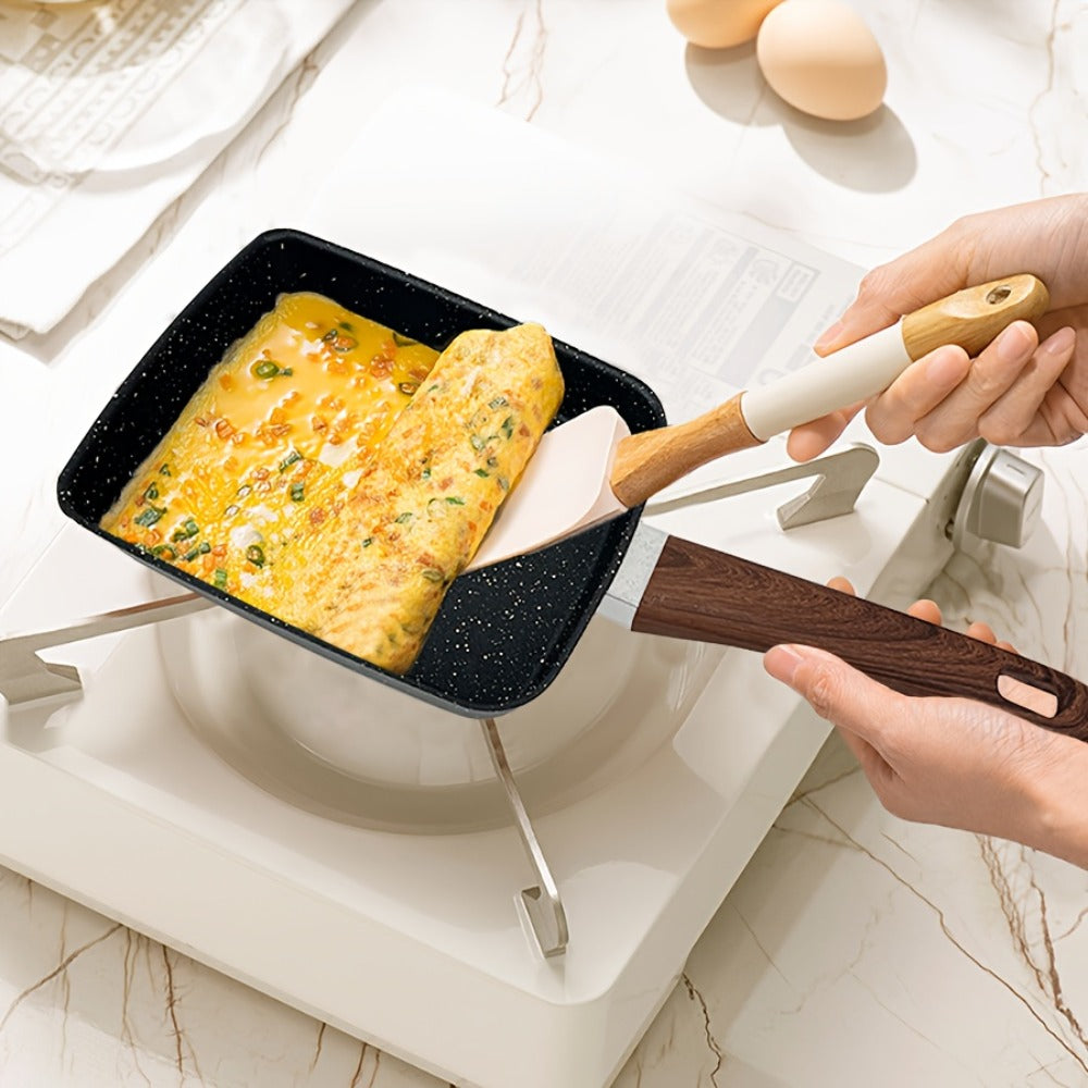 Rectangular Tamagoyaki Egg Pan with Wooden or Plastic Handle and Optional Silicone Spatula in Three Options