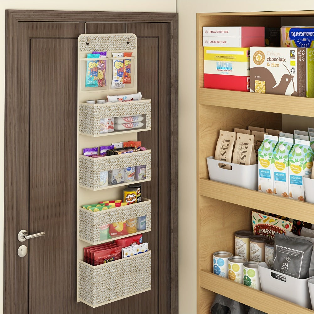 2-Pack Over-The-Door Hanging Organizer with 5 Shelves & 4 Clear Pockets – Beige Rattan Storage Rack for Closet, Bedroom & Bathroom