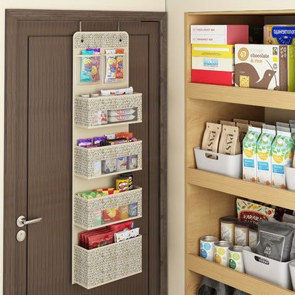 2-Pack Over-The-Door Hanging Organizer with 5 Shelves & 4 Clear Pockets – Beige Rattan Storage Rack for Closet, Bedroom & Bathroom