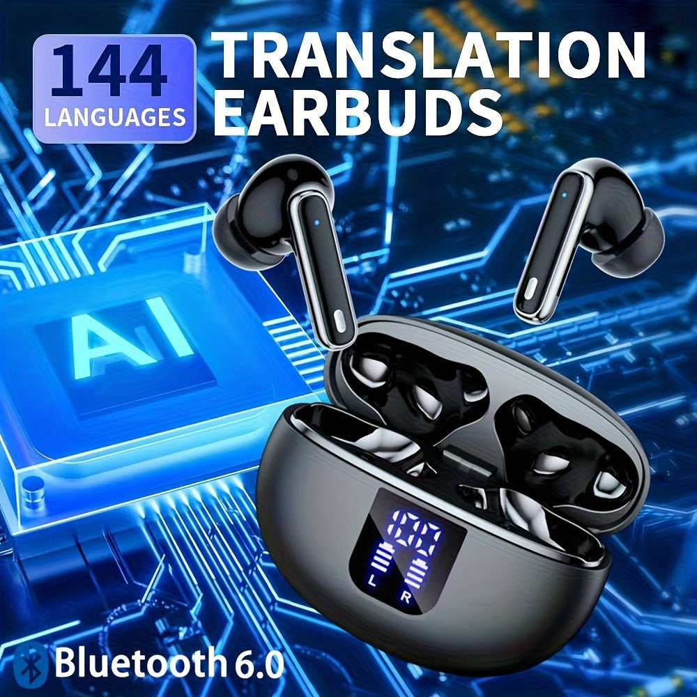 Black or White Stem-Style Translation Earphones with Digital Charging Case and Two Color Options