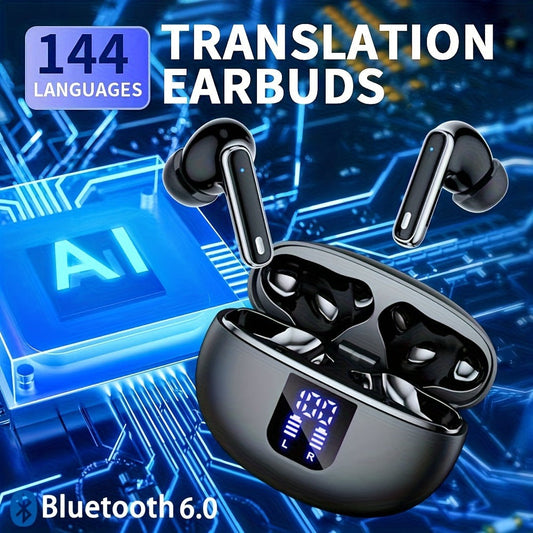 6-Mic AI Translation Earphones 3-in-1 Smart Noise Cancelling, Translate 144 Languages HiFi Sound Long Battery Life, Universal Smartphone Wireless Earbuds for Business Travel Meetings International Use