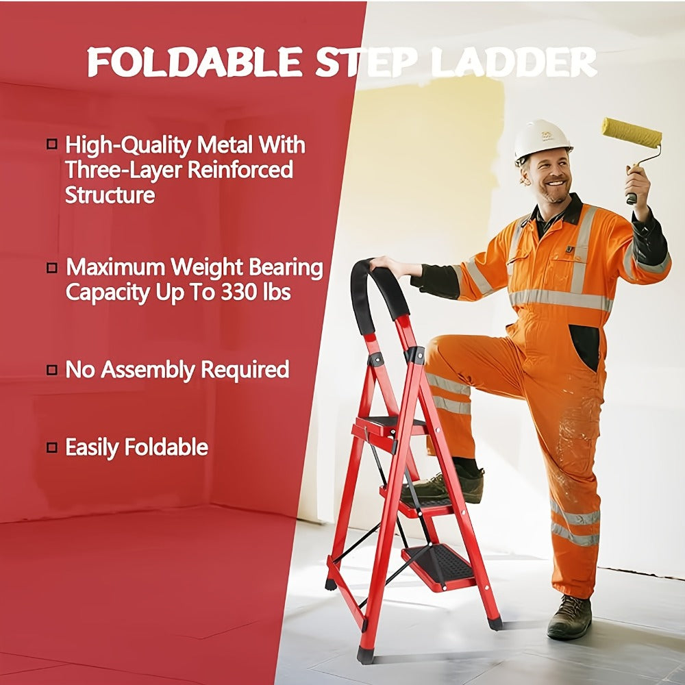 Folding Metal Step Ladder with Handrail, Ribbed Treads and Two-, Three-, Four- or Five-Step Options