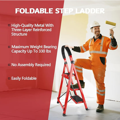 Folding Metal Step Ladder with Handrail, Ribbed Treads and Two-, Three-, Four- or Five-Step Options