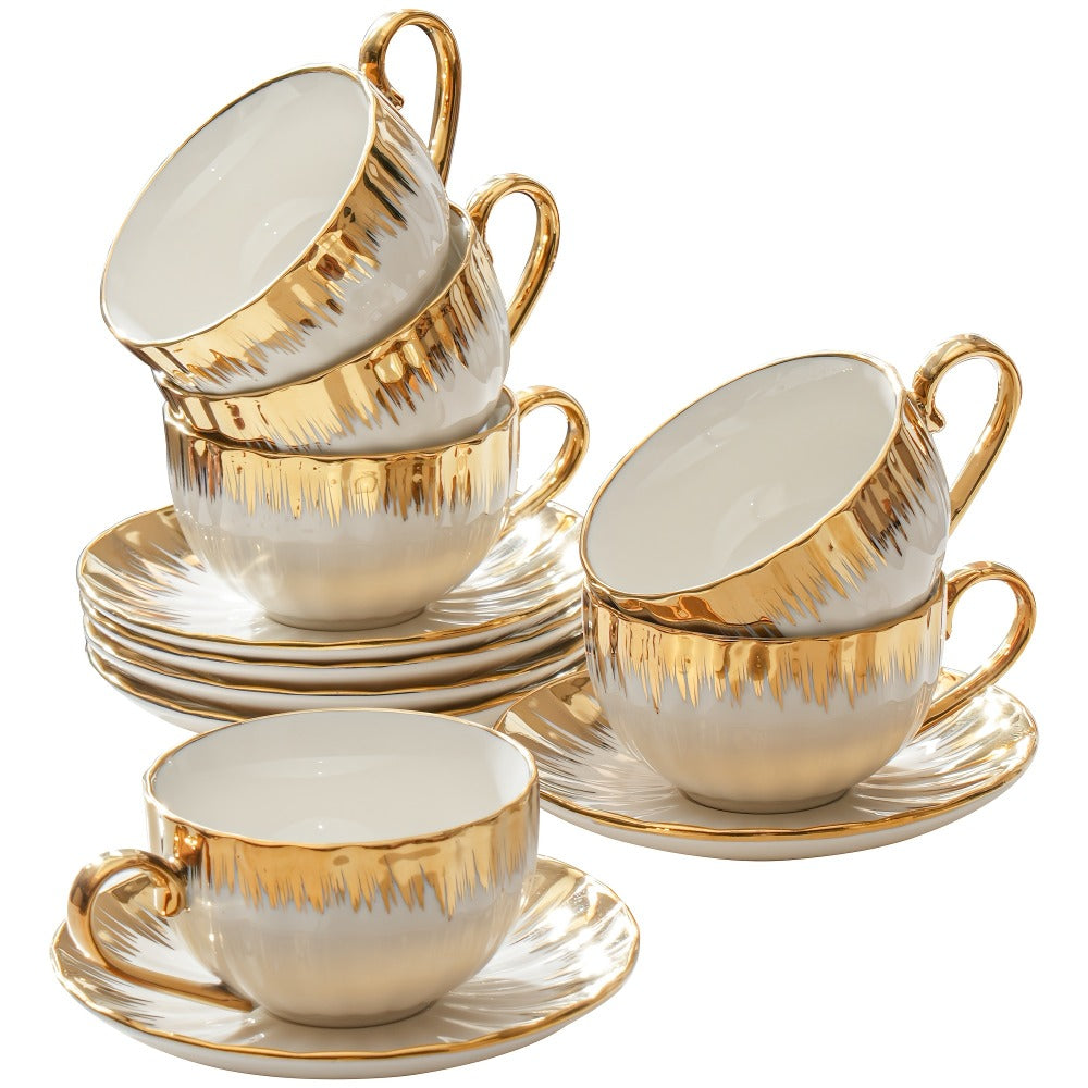 European-Style Coffee Cup and Saucer Set, Six 250 ml White and Gold-Trim Place Settings for Tea and Espresso