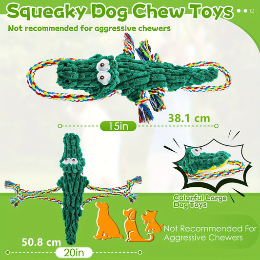 Dog Toy Green Crocodile Rope Tug with Cotton Canvas Body, Knotted Ends and Built-In Squeaker