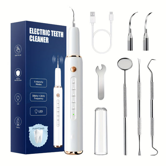 Ultrasonic Tartar Remover Electric Tooth Cleaner 5-Speed IPX6 Waterproof USB Rechargeable Dental Scaler with LED Light Mirror 2 Tips Plaque Stain Removal Tool for Home Oral Care Adults