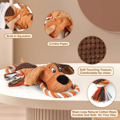 Dog Toy Plush Rope Animal with Squeaker, Crinkle Paper and Four Styles for Chew, Tug and Fetch Play