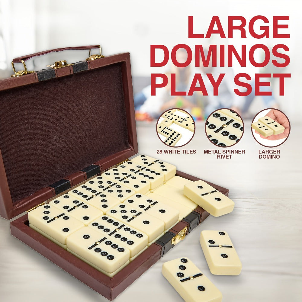 Extra-Large Double-Six Domino Set with 28 Ivory-Color Tiles, Center Spinners and Brown Storage Case