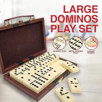 Extra-Large Double-Six Domino Set with 28 Ivory-Color Tiles, Center Spinners and Brown Storage Case