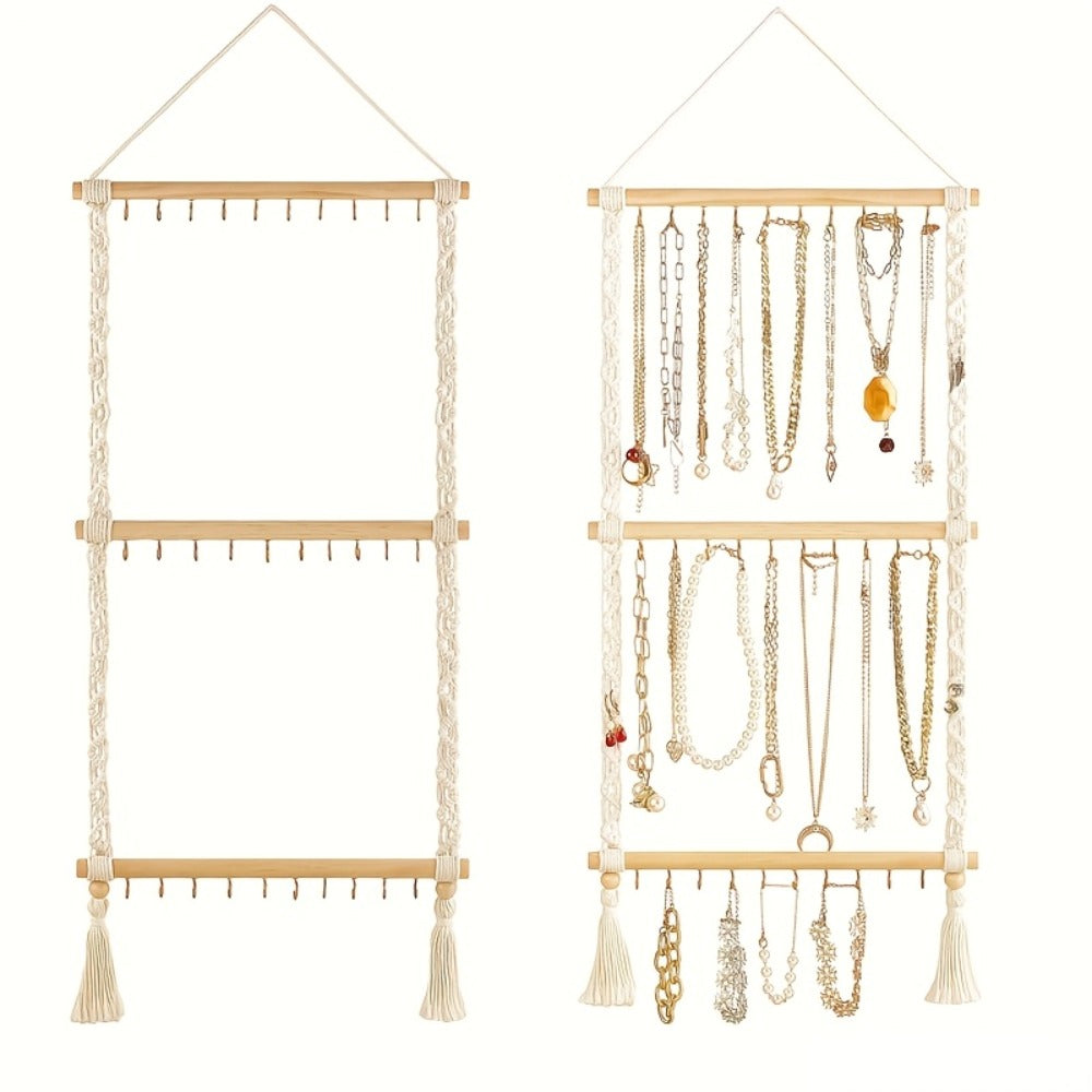 Jewelry Organizer Hand-Woven Wall Hanging Rack with Tassel Detail and 30 Hooks in 1- or 2-Piece Options