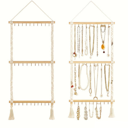 Jewelry Organizer Hand-Woven Wall Hanging Rack with Tassel Detail and 30 Hooks in 1- or 2-Piece Options