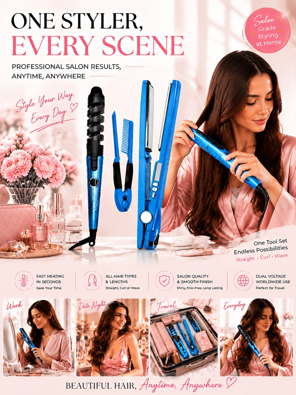 Flat Iron, Curling Iron and Comb Hair Styling Tool Set with Three Pieces in Blue for Home Styling