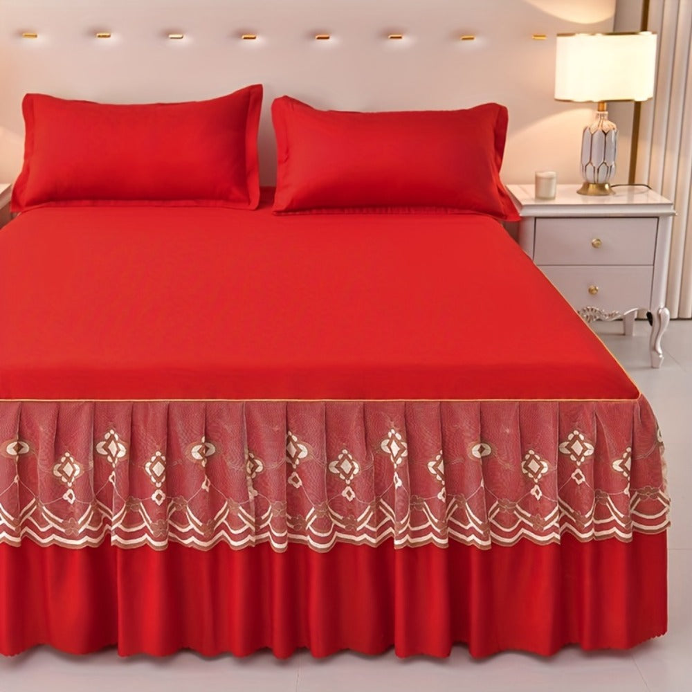 Macrame Lace Bed Skirt Set 3pcs – Double Layer Non-Slip Bed Skirt with 2 Pillowcases All Seasons Twin Full Queen King
