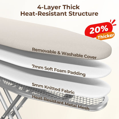 Ironing Board Full Size Foldable Height Adjustable with Clothes Rack Cord Holder 4-Layer Pad Heavy Duty Steel Legs for Laundry Room Living Room Dorm
