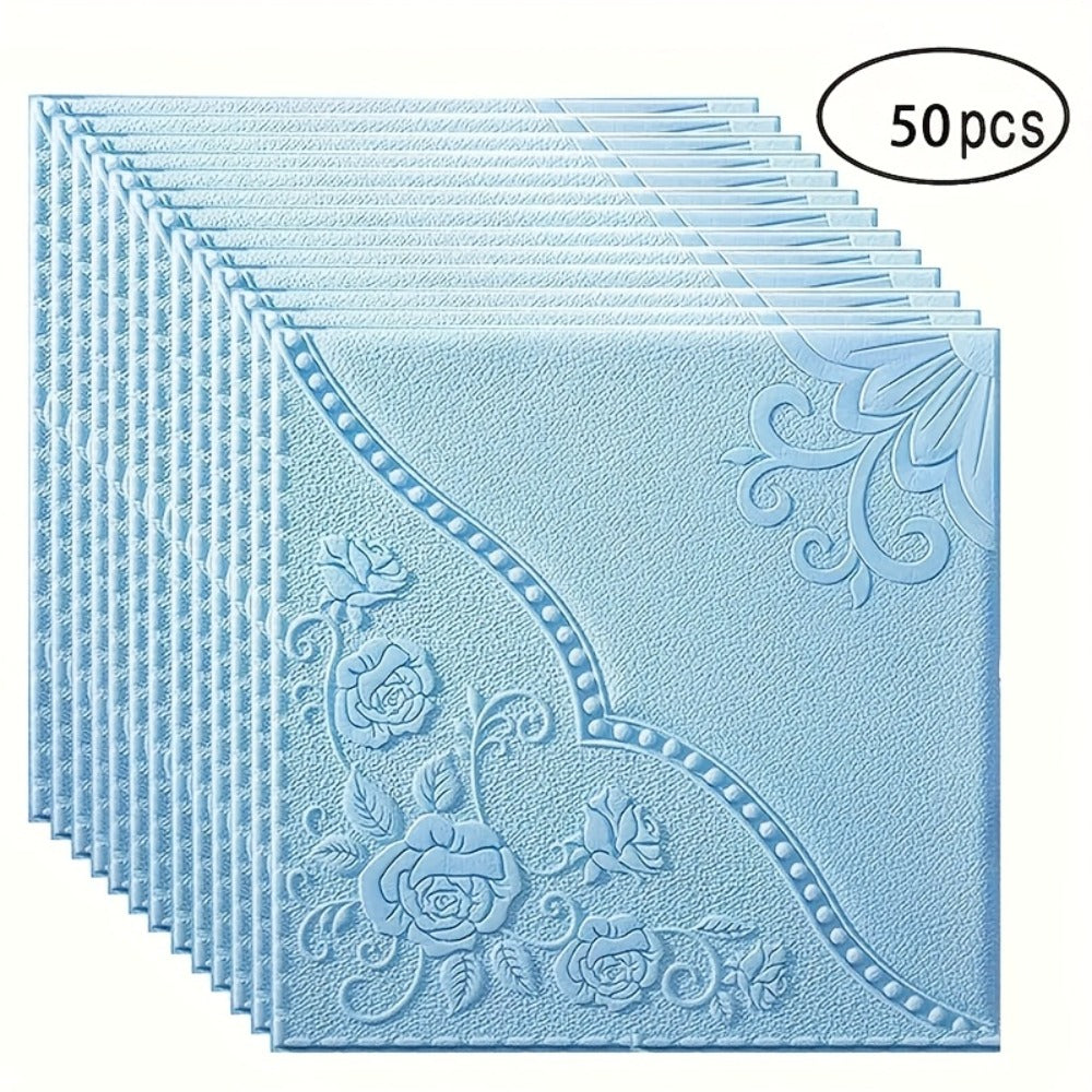 Fifty-Piece Embossed Floral-Curve Wall Tile Sticker Set with 35 cm Square Panels in Four Colors